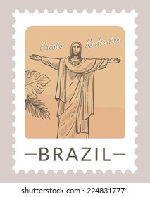 Postcard or postmark with statue of jesus christ. Cristo redentor cultural heritage of Brazil. Postal mark or card, mailing letter and correspondence. Monochrome sketch outline. Vector in flat style svg