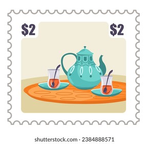 Postcard or postmark with tea pot and cups, Thailand trip or tour collectible paper item. Postal mark or card with price, correspondence and mailing sticker. Vector in flat style illustration