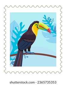 Postcard or postmark with toucan avian animal sitting on branch. Isolated floral decoration and exotic vegetation and birdie. Postal card or mark with nature theme design. Vector in flat style