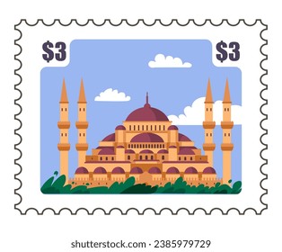 Postcard por postal de Santa Sofía, maravilla arquitectónica histórica. Lugar turístico mundialmente famoso en Turquía. Marca postal o tarjeta postal con precio, correspondencia y autoadhesivo. Vector de estilo plano