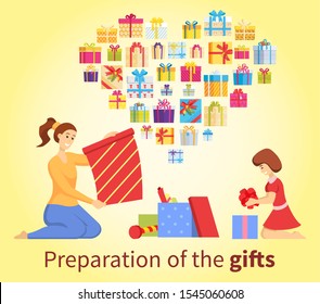 Postcard preparation of Christmas gifts, mother and daughter making handmade present box. Winter holiday card with gifts in shape of heart. Festive poster people sitting with Xmas toys vector