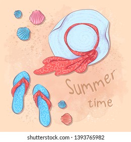 Postcard print beach summer party with a hat and slates on the sand by the sea. Hand drawing style.