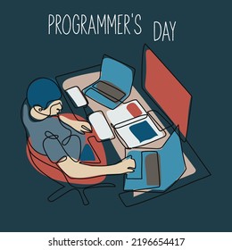 A postcard for the programmer's day. Graphic style of colored spots and contour lines. Suitable for printing advertisements, banners, flyers, postcards.