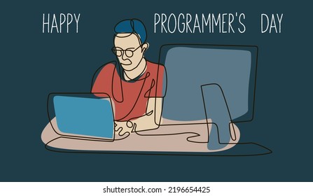 A postcard for the programmer's day. Graphic style of colored spots and contour lines. Suitable for printing advertisements, banners, flyers, postcards.