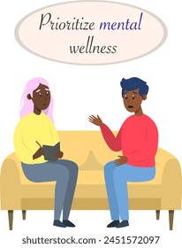 Postcard with Psychotherapy session - black man talking to psychologist sitting on sofa. Mental health concept, vector illustration in flat style