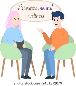 Postal con sesión de psicoterapia - hombre hablando con el psicólogo sentado en la silla. Concepto de salud mental, Ilustración vectorial en estilo plano