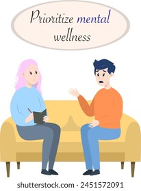 Postcard with Psychotherapy session - man talking to psychologist sitting on sofa. Mental health concept, vector illustration in flat style