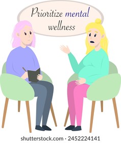 Postcard Psychotherapy session - pregnant woman talking to psychologist sitting on chair. Mental health concept, vector illustration in flat style