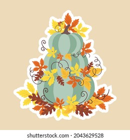 Postcard with pumpkin and autumn foliage. Flat style. Vector illustration.