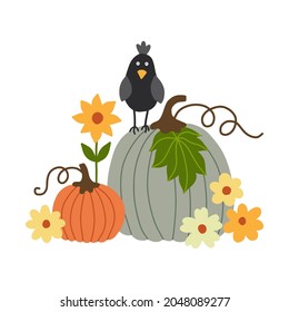 Postkarte mit Kürbis und Blumen. Flacher Stil. Vektorgrafik.