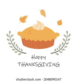 Postcard with pumpkin pie. Flat style. Vector illustration.