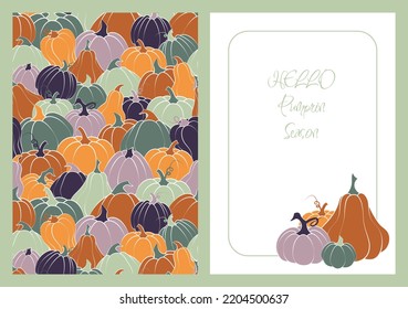 Postcard with pumpkins for the autumn event. Abstract background of autumn nature. Artistic natural banner design. Seamless pattern.