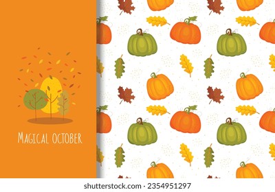 Postcard with pumpkins for the autumn event.Pumpkin seamless pattern.Vector textile surface design illustration for wrapping paper, greeting cards, backgrounds and other