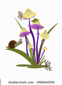 Postcard with purple mushrooms. Poisonous mushrooms with snail and grass. Vector illustration on white background. For logos, icons, decor and postcards.