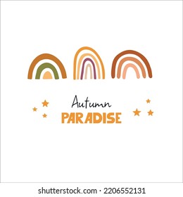 Postcard with quote Autumn Paradise. Vector warm and cozy hygge collection of autumn stickers and illustrations in cartoon style.