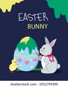 A postcard with a rabbit and decorated Easter eggs. Layout, design, greeting, holiday.