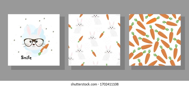 Postcard with a rabbit. Illustration with a hare and a carrot seamless background in a flat style. Funny cartoon character-children's illustration for greeting cards, print,posters,template,Wallpaper.