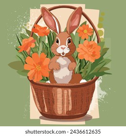 Una postal de un conejo sentado en una cesta de flores