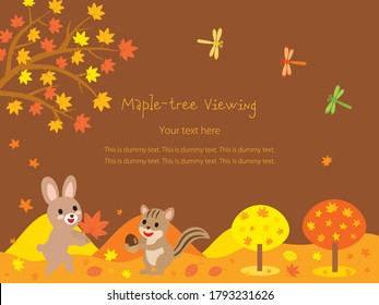 A postcard of a rabbit, a squirrel and autumn maple-tree viewing