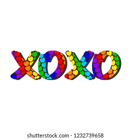 postcard rainbow colored hearts XOXO, vector illustration
