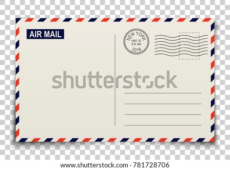 Postcard. Realistic vector illustration with shadows on transparent background. Blank post card template with stamps for greetings and messages. Concept of travels, addresses and communications.
