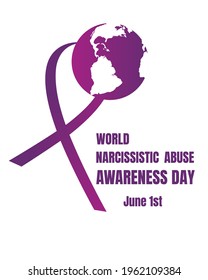 Postcard rectangular purple ribbon, planet earth and text World Narcissistic Abuse Awareness Day isolated on white background. Event to prevent the next victims of mental illness narcissism.