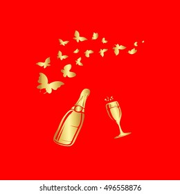 Postcard. Red background. Butterflies, a bottle of champagne, glasses. 