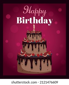 The postcard is red. Chocolate three-tiered cake with candles. Postcard for the holiday. Celebration. Vector stock illustration.