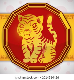 Postcard with a red dodecagon button with a golden tiger silhouette inside as part of the traditional Chinese Zodiac animals.