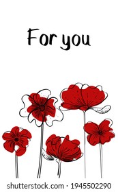 Postcard with red flower background . Bouquet.line art flower. Red poppy postcard. Print for T-shirts, fabrics, posters, stickers, postcards,packaging, label, poster. Postcard with the inscription   