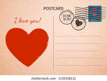 Postcard. Red Heart and words I love you.  Postal card illustration for your design.  Vintage Postcard. Old paper texture. Vector illustration.
