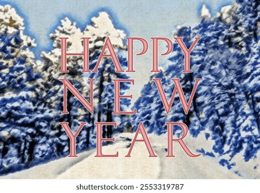 A postcard with the red inscription "HAPPY NEW YEAR" on the background of a forest winter landscape
