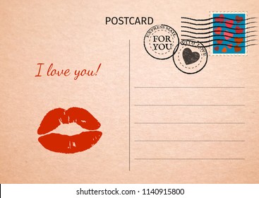 Postcard. Red lips and words I love you.  Postal card illustration for your design. Vintage Postcard. Old paper texture. Vector illustration.