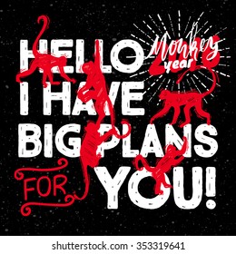 Postcard Red Monkey year. Black background
