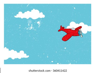 postcard, red plane in the sky