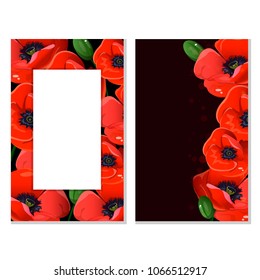 Postcard with red poppies. Bright flowers. Vector illustration.