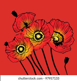 postcard with red poppies on a red background
