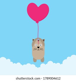 Postcard in retro style, the kitten is holding its paws for a balloon in the form of a heart on a background of blue sky with clouds. Banner, icon for celebration. Vector image