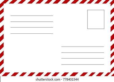Postcard, the reverse side. Lines for writing address and name. The postal envelope is traditional. Retro design greeting cards. Send the card by mail. Place for a postage stamp.