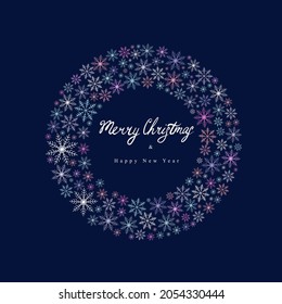 A postcard with a ring of snowflakes with the inscription Merry Christmas.