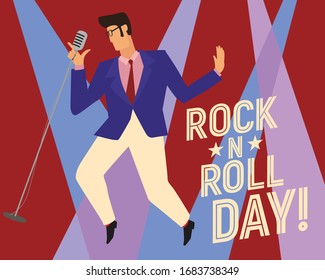 Postcard Rock and roll day. Stylish vintage guy with a microphone