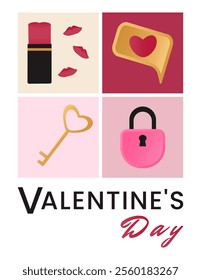 Postcard with romantic symbols of Valentines Day - lipstick with kisses, lock and key, sms with a heart. Vector illustration in a flat geometric style. Bright pink, gold and red colors.