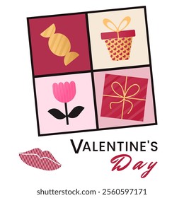 Postcard with romantic symbols of Valentines Day - gift boxes, a flower, a candy, a kiss. Vector illustration in a flat geometric style. Bright pink, gold and red colors.
