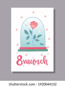 A postcard with a rose for International Women's Day on March 8. Calligraphy. Vector.