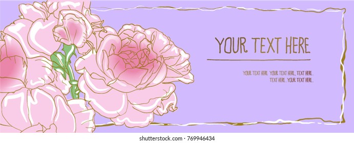 postcard with a rose print styling contour, rose petals, lilac, pink, gold, text, template. label for girls, banner. flower shop, promotional offer, wedding invitation. card. greeting.