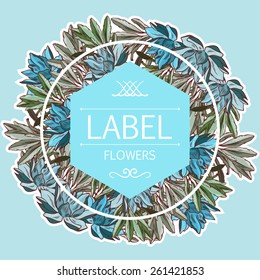 Postcard with round flowers background. Label.