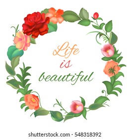 Postcard with a round frame of flowers. Vector illustration