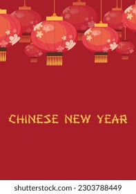 Postcard with round hanging lanterns flat style, vector illustration on red background. Chinese New Year traditional decoration, minimalistic design, yellow text