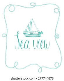 Postcard with sailboat and calligraphy