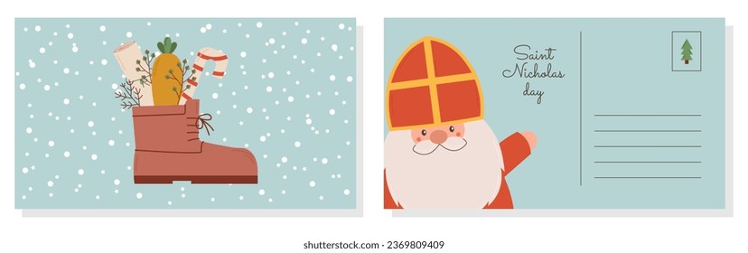 Postcard for Saint Nicholas Day. Sinterklaas Eve. Cute character gnome, shoe with carrot, note, lollipop candy. Vector flat illustration.